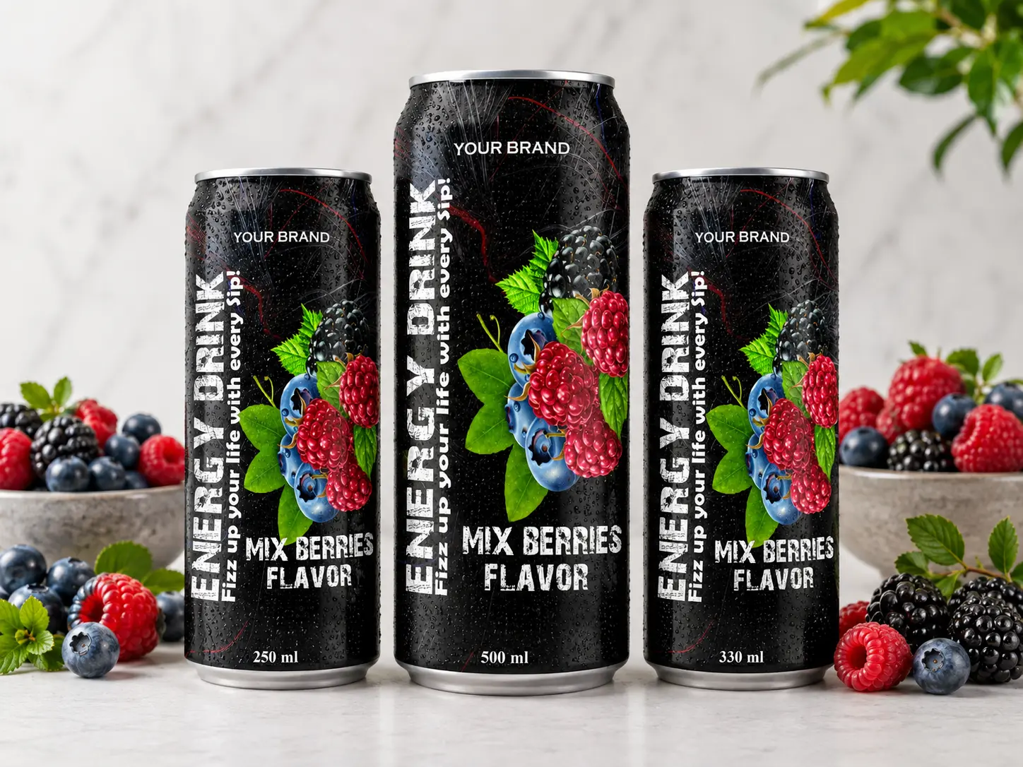 ENERGY DRINK Mix Berries flavor available in 250ml, 500ml, and 330ml cans.